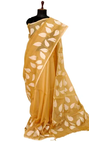 Leaf Nakshi Motif Muslin Silk Jamdani Saree in Khaki, White and Antique Gold