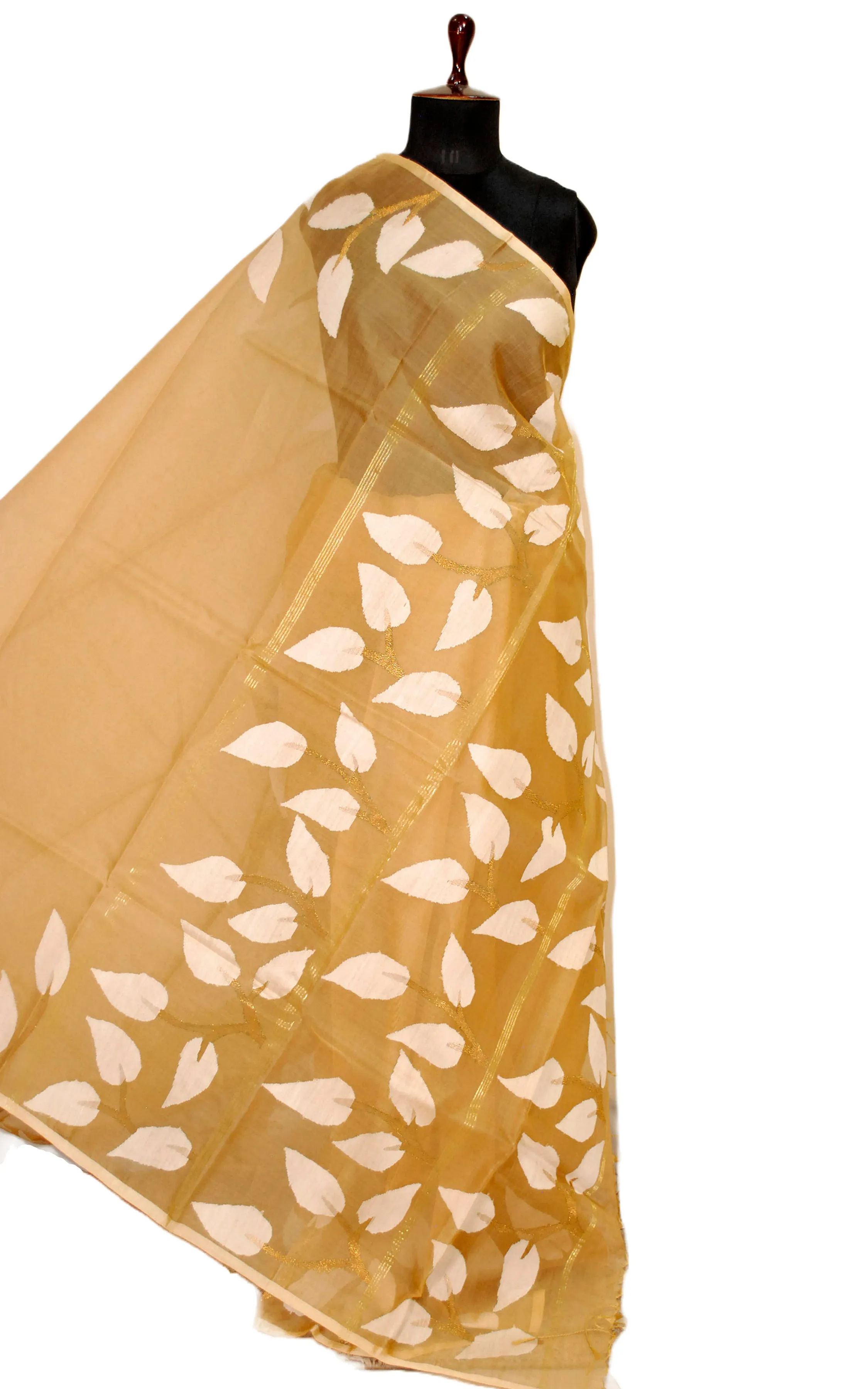 Leaf Nakshi Motif Muslin Silk Jamdani Saree in Khaki, White and Antique Gold