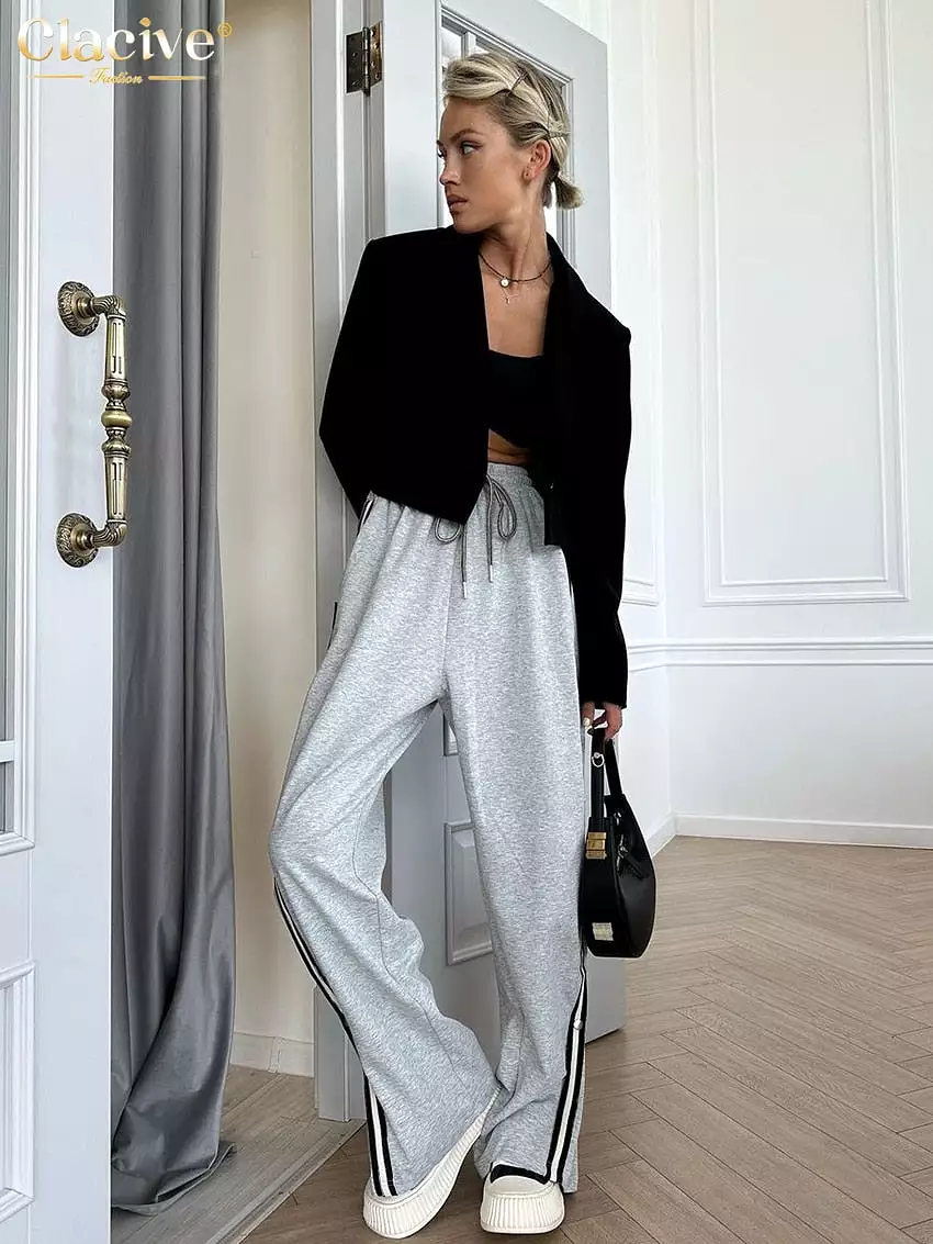 Loose White Women'S Pants 2023 Casual High Waist Full Length Pants Streetwear Elegant Spliced Straight Trousers