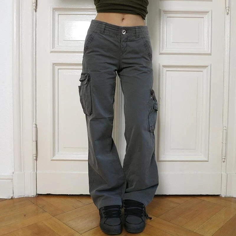 Low Waist Retro Cargo Pants Fashion Women Streetwear Gray Loose Fit Pockets Straight Trousers Harajuku Y2K Sweatpants