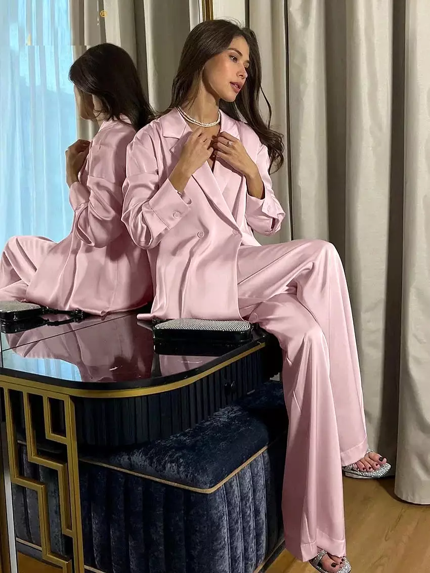 Matching Sets Loose Pink Satin Pants Sets For Women