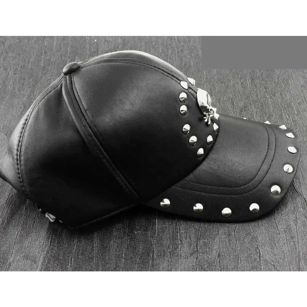 Men's Punk Skull Studded Genuine Leather Biker Trucker Baseball Hat