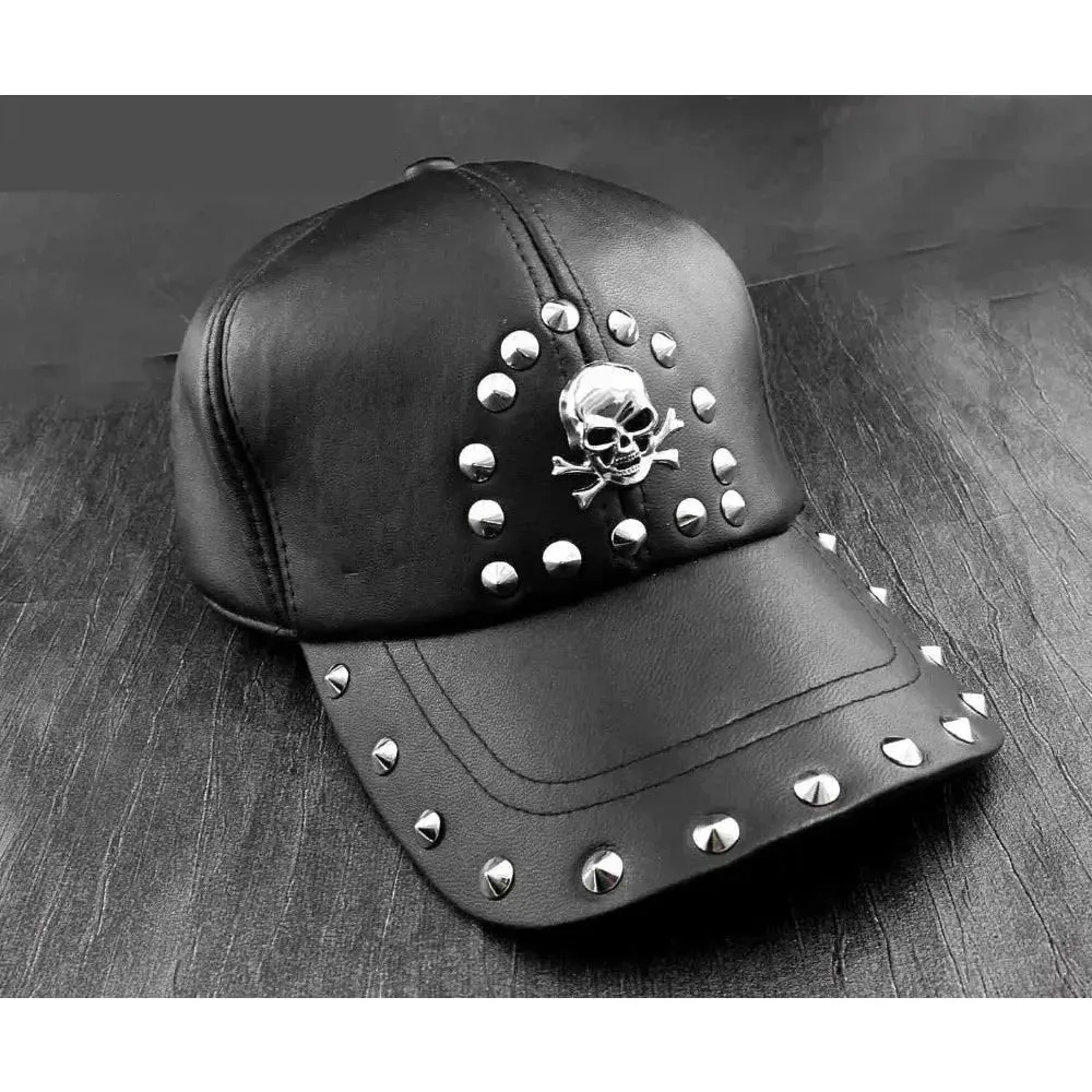 Men's Punk Skull Studded Genuine Leather Biker Trucker Baseball Hat