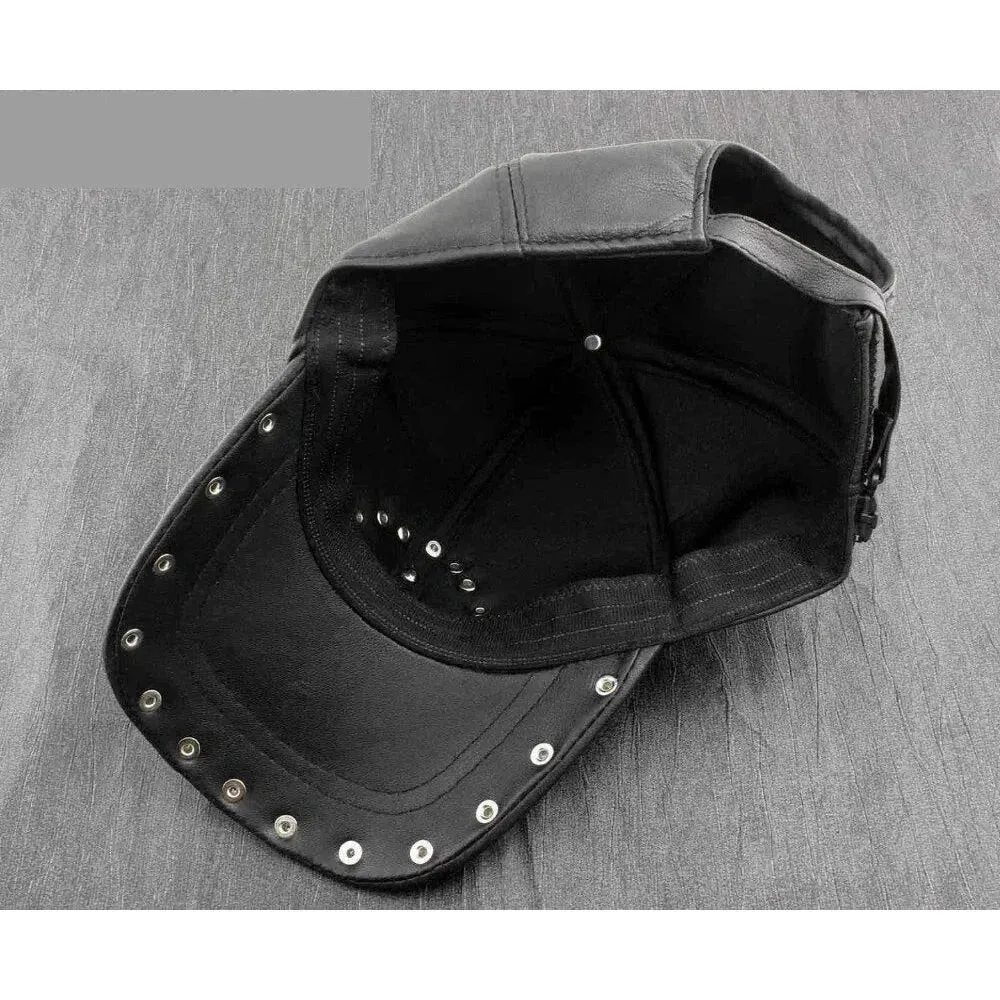 Men's Punk Skull Studded Genuine Leather Biker Trucker Baseball Hat