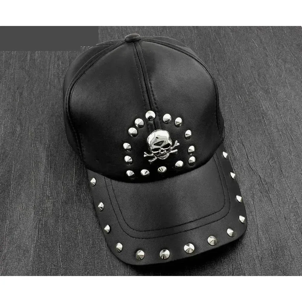 Men's Punk Skull Studded Genuine Leather Biker Trucker Baseball Hat