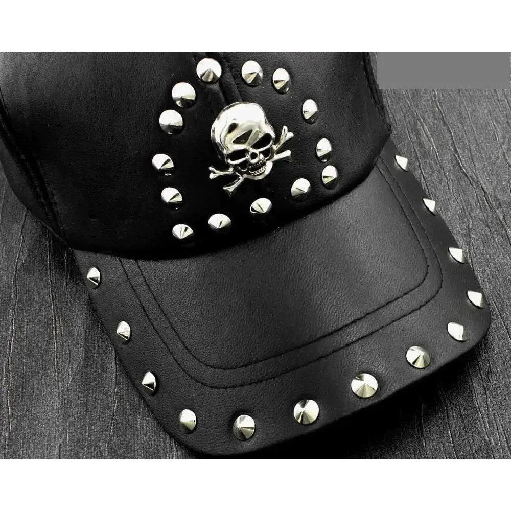 Men's Punk Skull Studded Genuine Leather Biker Trucker Baseball Hat