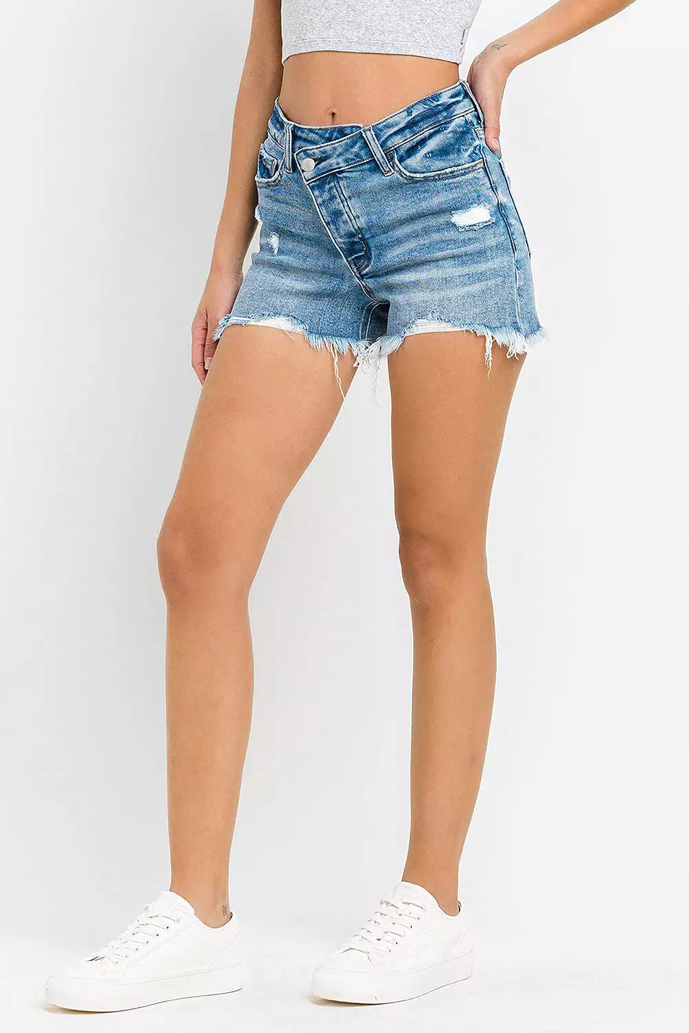 Midwash Stepped Waist Raw Hem Denim Shorts