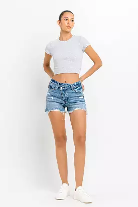 Midwash Stepped Waist Raw Hem Denim Shorts