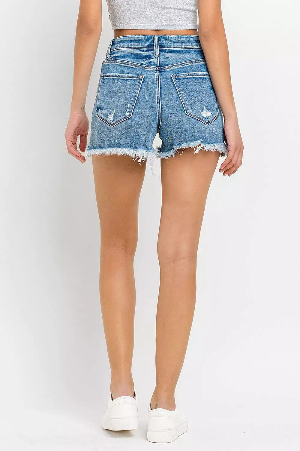 Midwash Stepped Waist Raw Hem Denim Shorts