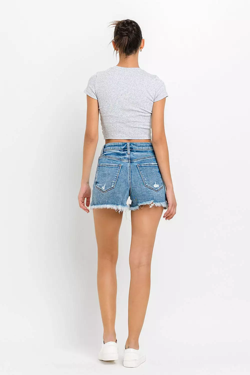 Midwash Stepped Waist Raw Hem Denim Shorts