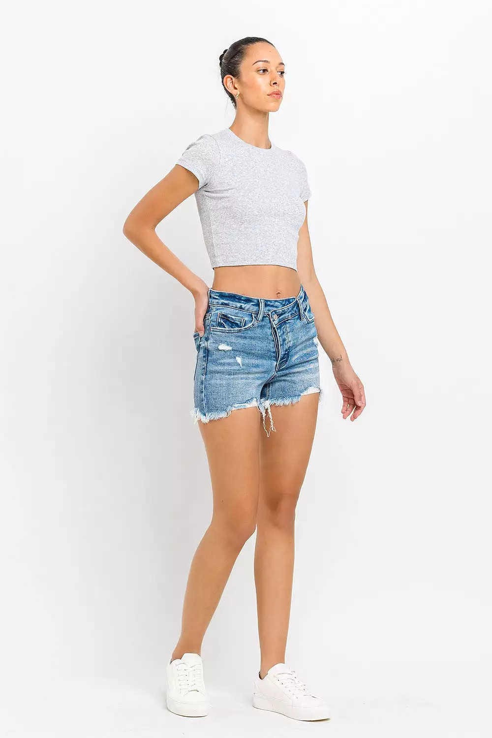 Midwash Stepped Waist Raw Hem Denim Shorts