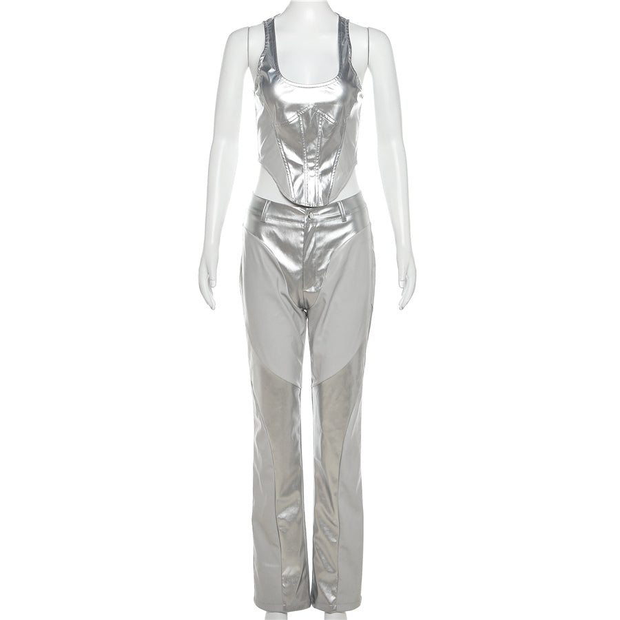 New Arrivals PU Silver 2 Piece Set Women Corset Tops+ Pants Women's Sets Leather 2 Piece Set Women