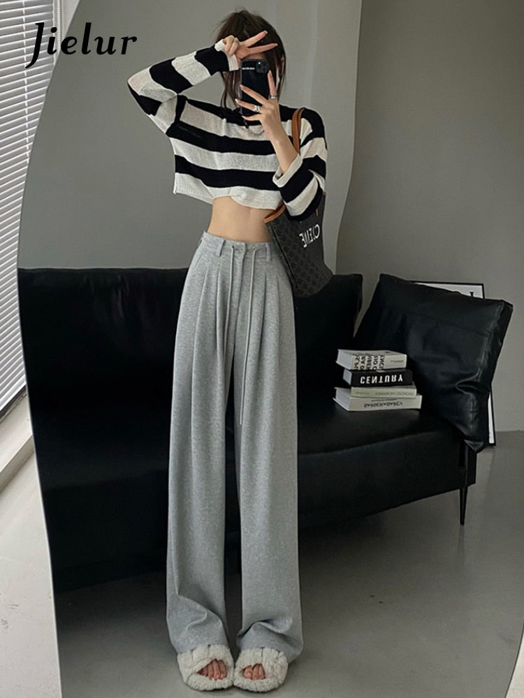 New High Waist American Solid Color Women's Pants Drawstring Loose Straight Pants Woman Grey Casual Pants Summer Female