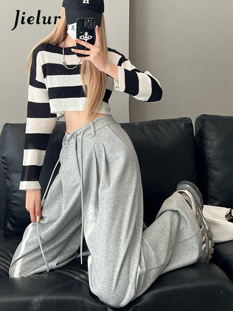 New High Waist American Solid Color Women's Pants Drawstring Loose Straight Pants Woman Grey Casual Pants Summer Female