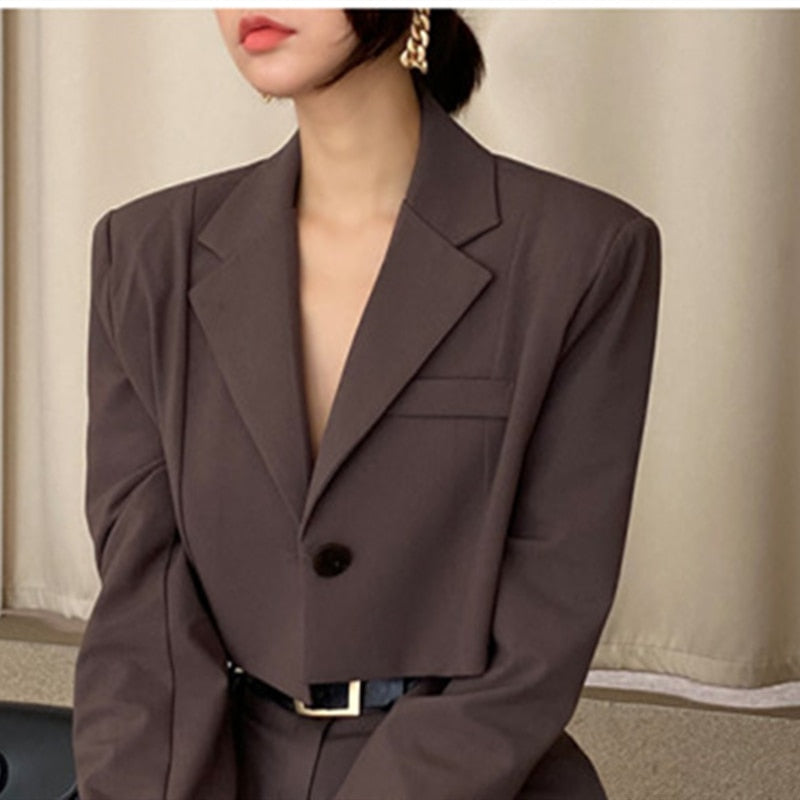 Office Lady Blazer Suits Vintage Two Piece Set Women Long Sleeve Short Blazer + High Waist Wide Leg Long Pants 2 Piece Outfits