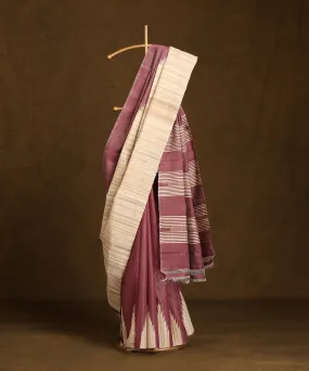 Onion Pink Handloom Pure Kosa Silk Saree With Beige Temple Border