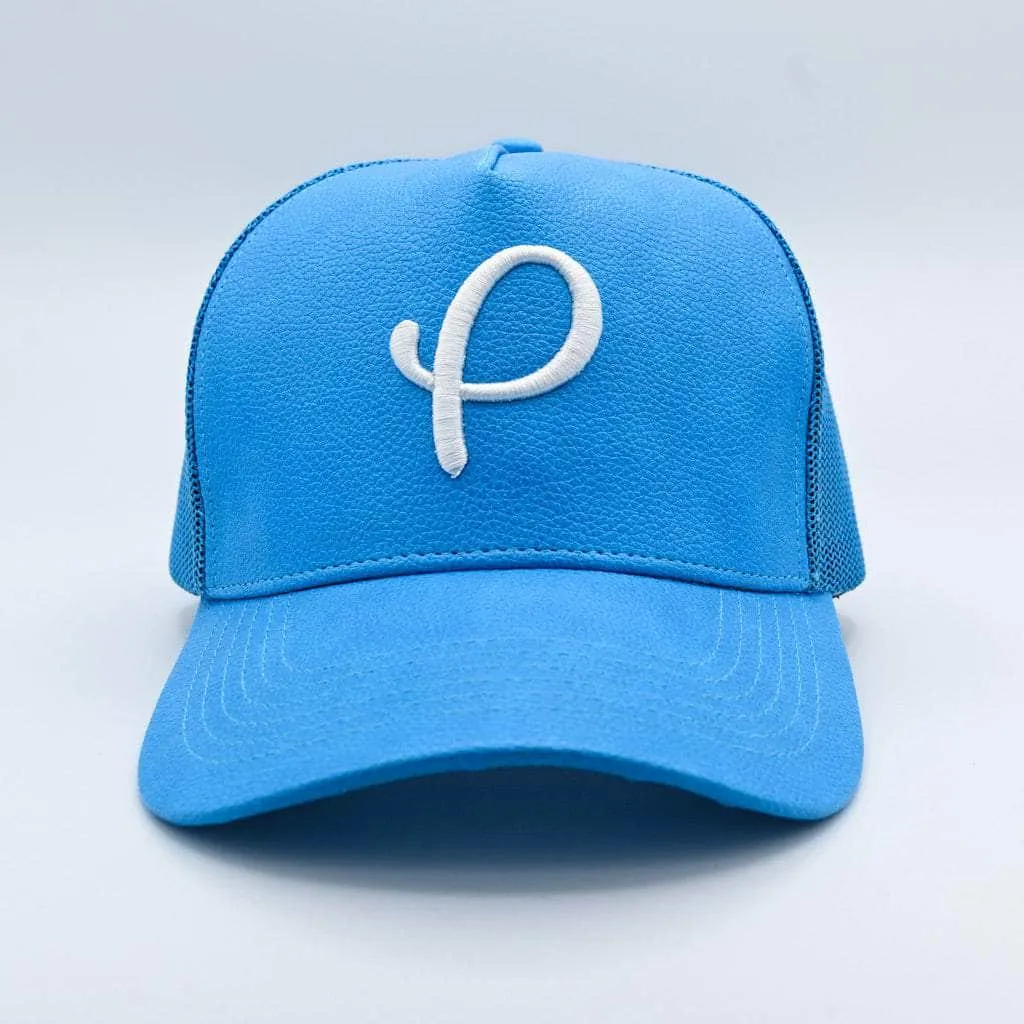 P Logo Leather Trucker Hat Cool Blue