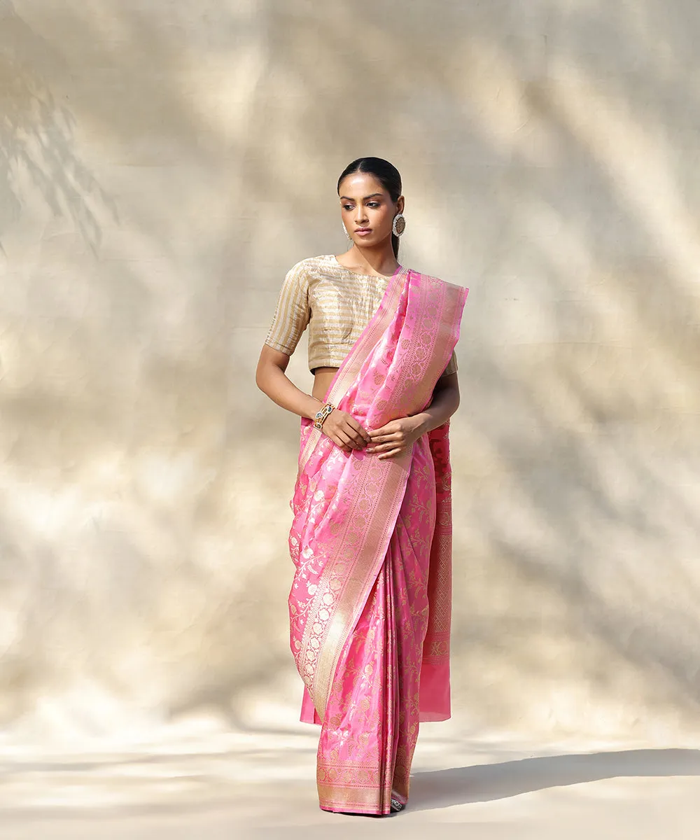 Pink Handloom Pure Katan Silk Banarasi Saree With Cutwork Jaal And Kadhwa Border