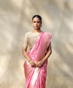 Pink Handloom Pure Katan Silk Banarasi Saree With Cutwork Jaal And Kadhwa Border