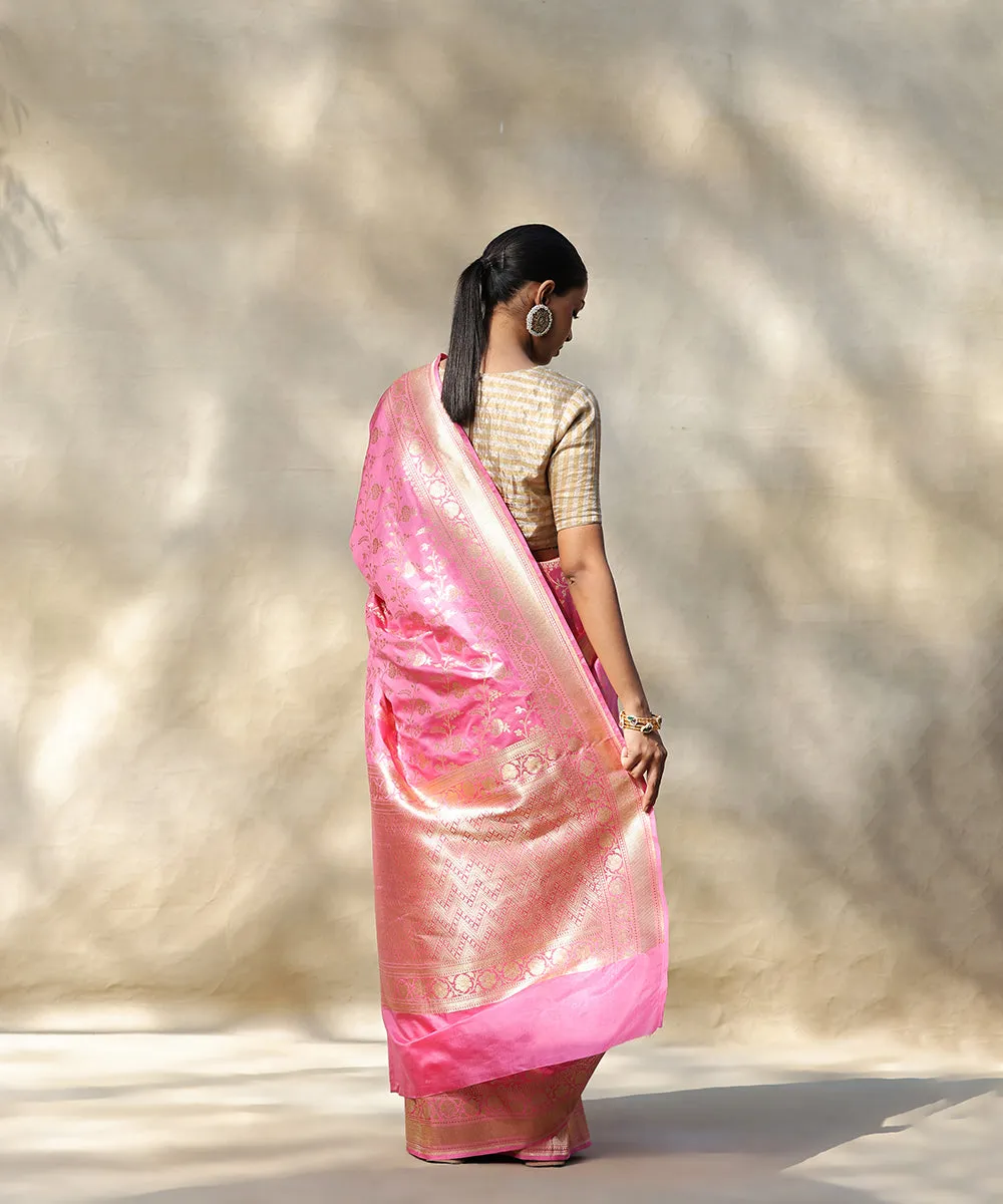 Pink Handloom Pure Katan Silk Banarasi Saree With Cutwork Jaal And Kadhwa Border