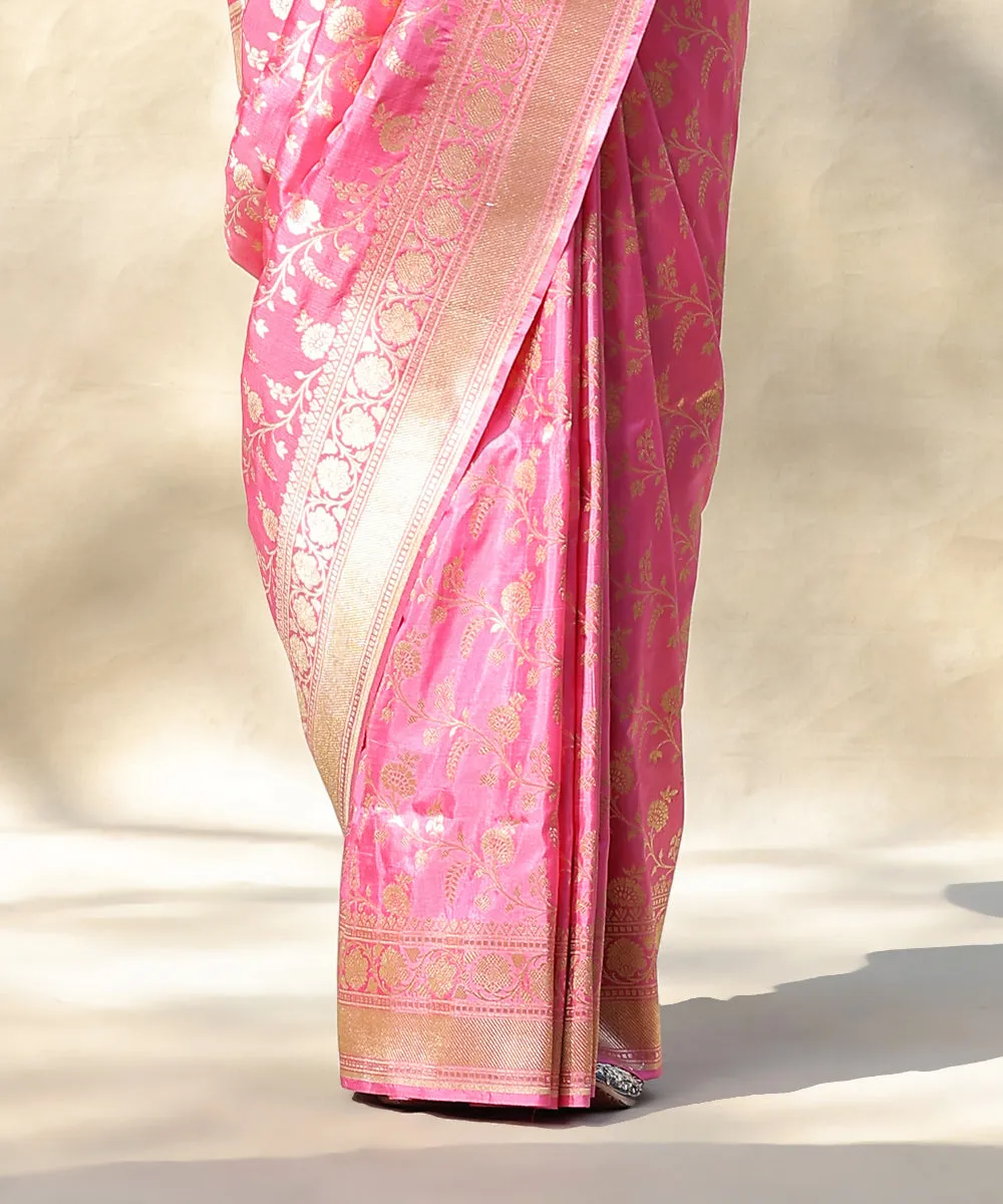 Pink Handloom Pure Katan Silk Banarasi Saree With Cutwork Jaal And Kadhwa Border