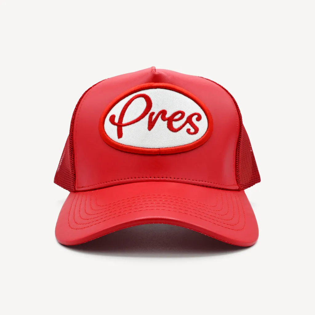 Red Pres Leather Trucker Hat