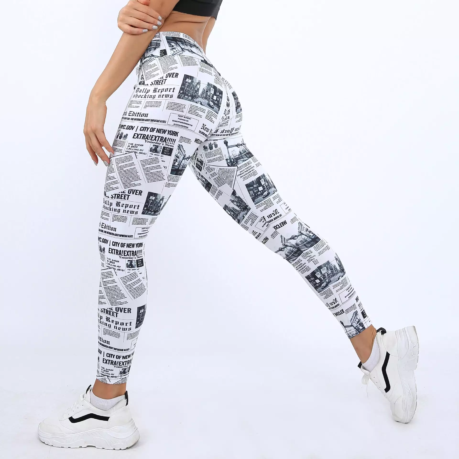 Seamless Women New Leggings Fashion Pattern Newspaper Print Leggins Pants High Waist PUSH UP Stretch Trousers