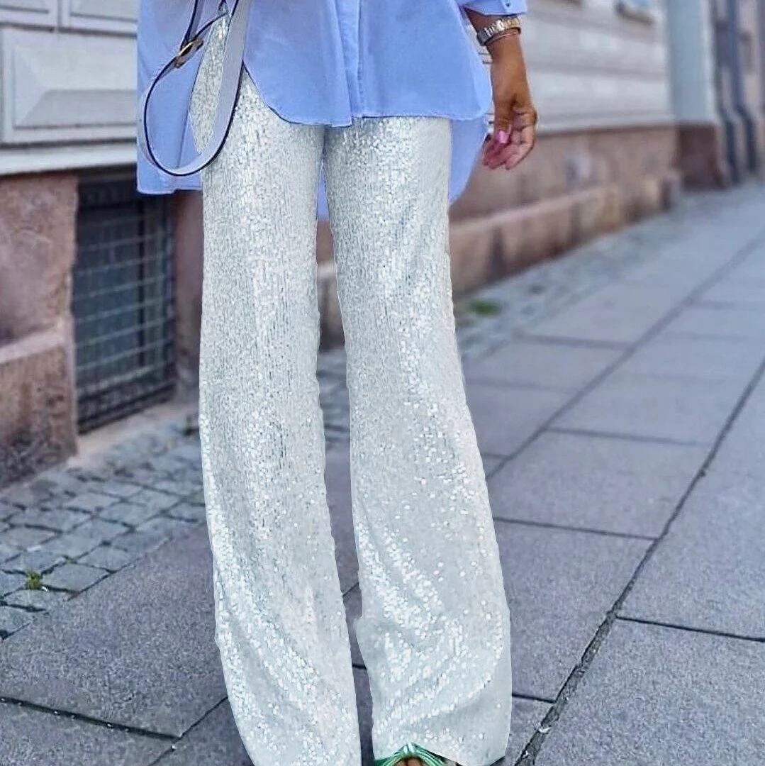 Silver Sequins Pants for Women Elegant High Waist Shiny Party Pant