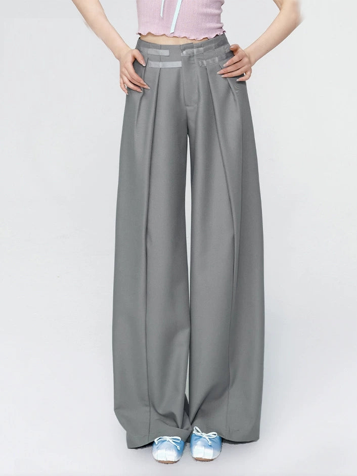 Spring trendy retro casual pants design straight wide leg high waist suit pants for women