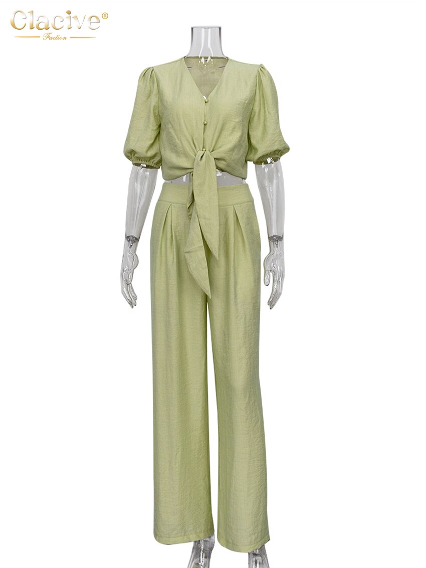 Summer Puff Sleeve Shirts Set Woman 2 Piece Casual High Waist Wide Trouser Suits Female Vintage Loose Green Pants Set