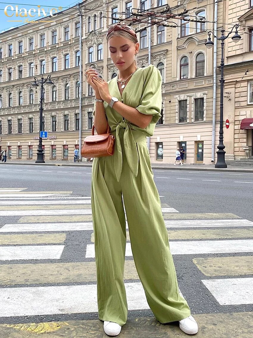 Summer Puff Sleeve Shirts Set Woman 2 Piece Casual High Waist Wide Trouser Suits Female Vintage Loose Green Pants Set