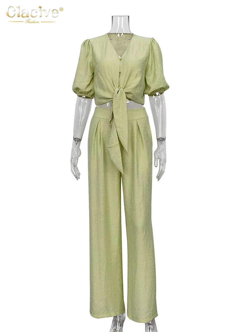 Summer Puff Sleeve Shirts Set Woman 2 Piece Casual High Waist Wide Trouser Suits Female Vintage Loose Green Pants Set