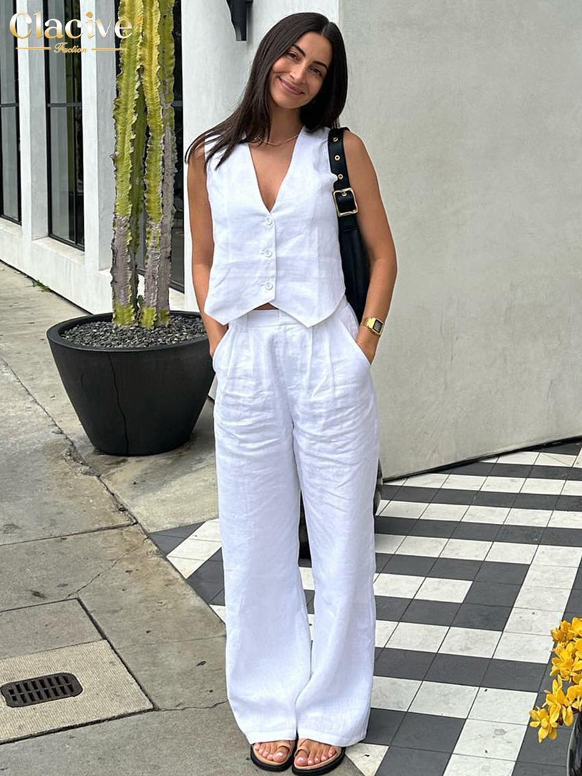 Summer White Linen Two Piece Set For Women 2023 Fashion Sleeveless Tank Top New In Matching High Waist Wide Pants Set