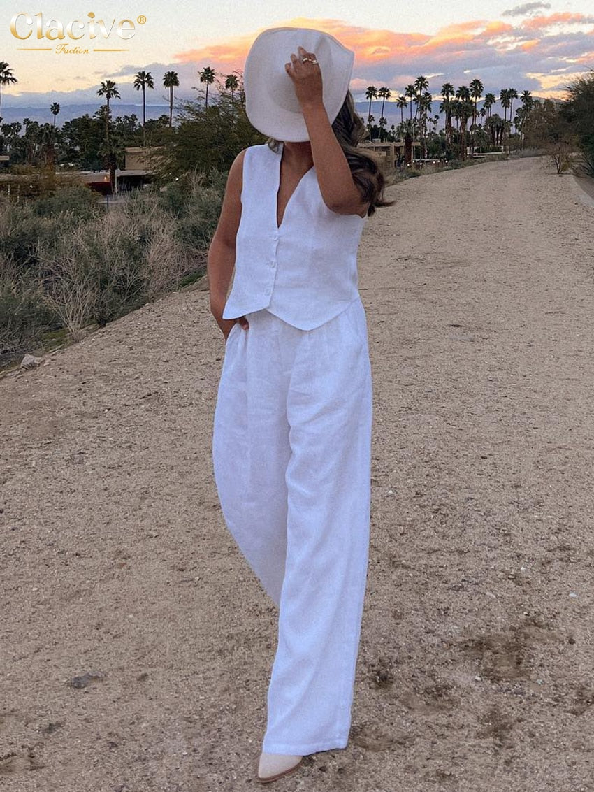 Summer White Linen Two Piece Set For Women 2023 Fashion Sleeveless Tank Top New In Matching High Waist Wide Pants Set