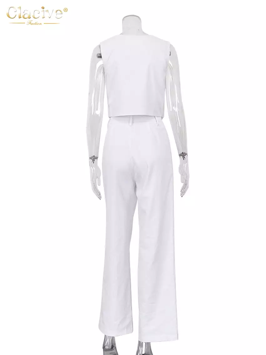 Summer White Linen Two Piece Set For Women 2023 Fashion Sleeveless Tank Top New In Matching High Waist Wide Pants Set