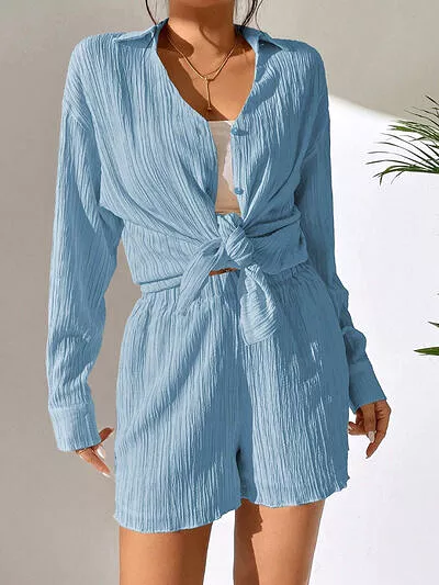 Textured Buttoned Shirt and Shorts Set