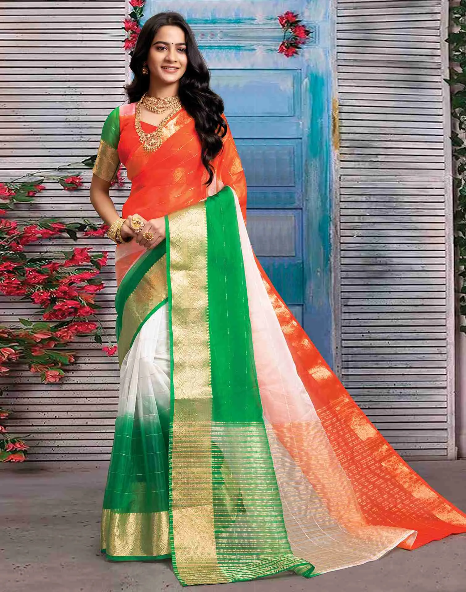 Tricolor Organza Plain Woven Tiranga Saree