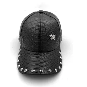 Unisex Genuine Leather Studded Adjustable Punk Biker Baseball Cap