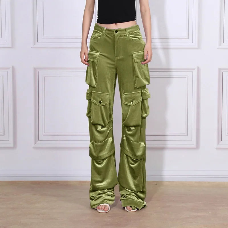 Velvet Cargo Pants Women Hip Versatile Casual Pockets Solid Straight High Waist Trousers for Female