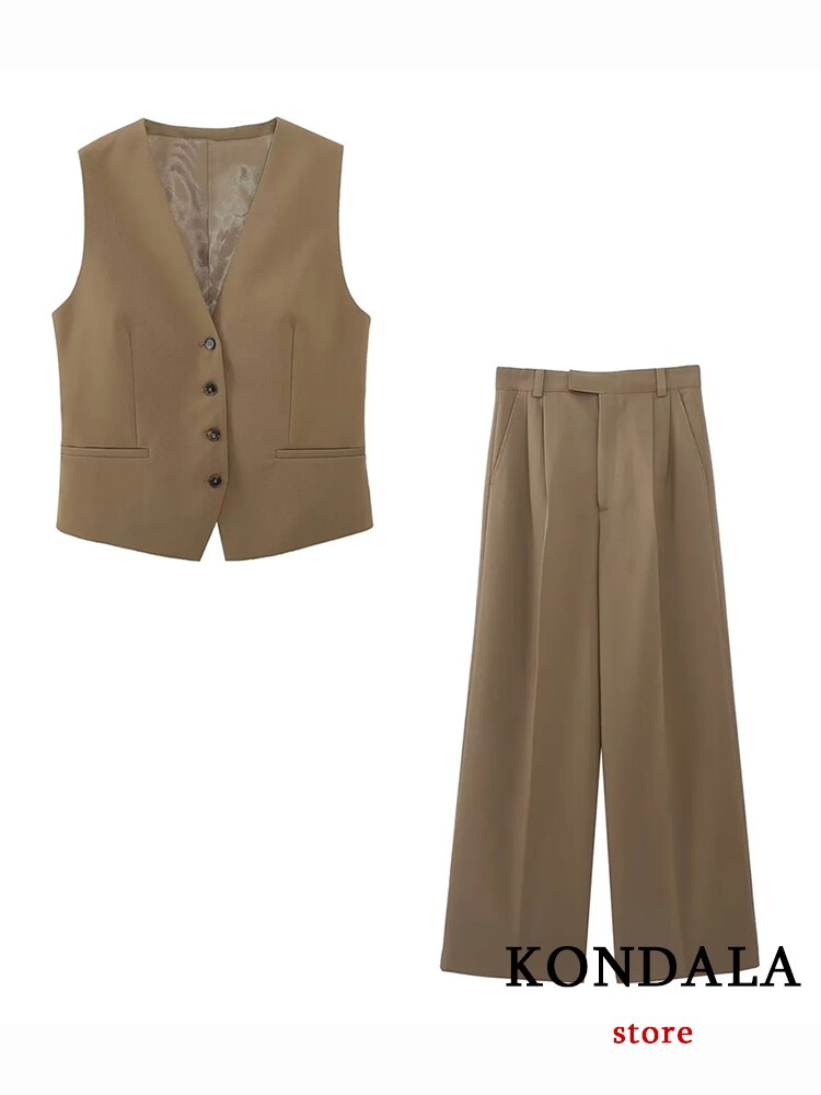 Vintage Office Lady Fashion 2023 Solid Khaki Women Chic Suits Long Sleeve Oversized Blazer Slim Vest Wide Leg Mop Pants