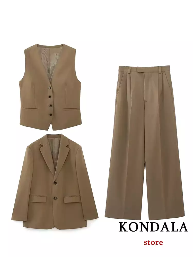 Vintage Office Lady Fashion 2023 Solid Khaki Women Chic Suits Long Sleeve Oversized Blazer Slim Vest Wide Leg Mop Pants