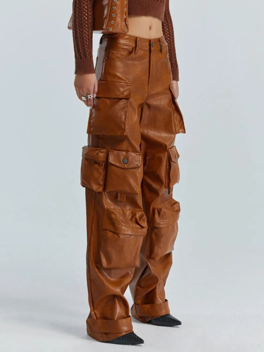 Women Leather Pants Multi Pockets High Waist Trousers Loose Casual All Match Long PU Cargo Pants