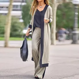 Women Long Casual Fashion Elegant  Cardigan & Sling Tops & Loose Pants Sets Patchwork Lady Outfits 3Pc Sets B-27148