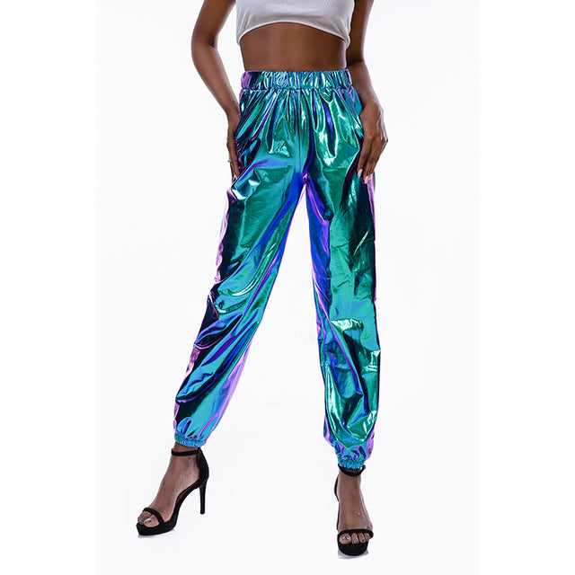 Women Shiny Holographic Pants Loose High Waist Metallic Trousers