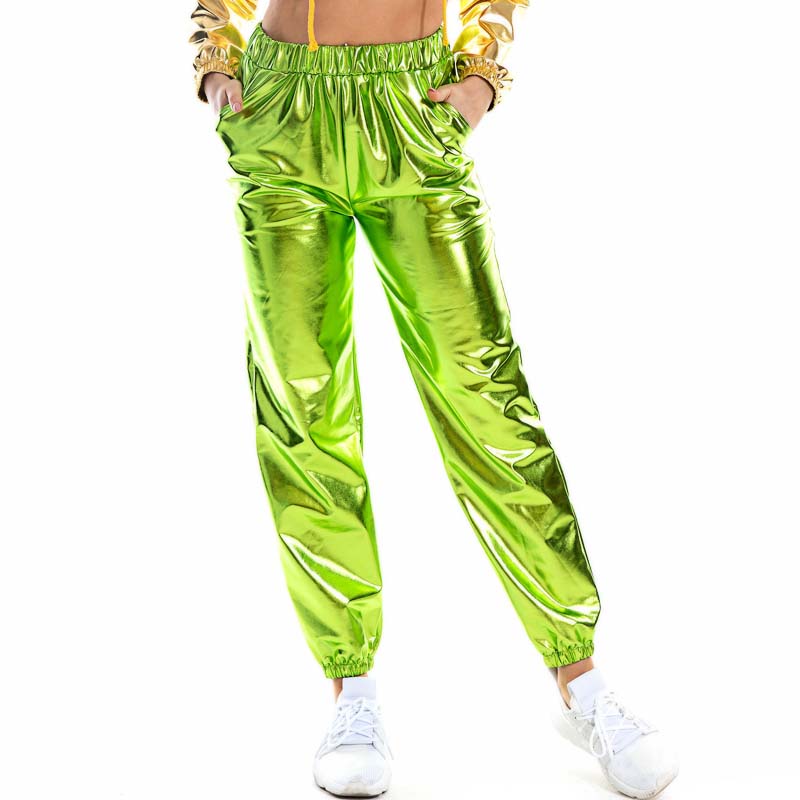 Women Shiny Holographic Pants Loose High Waist Metallic Trousers