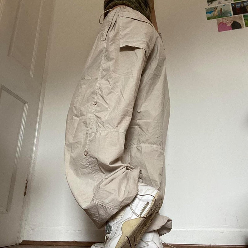 Women Y2K Cargo Pants Solid Low Waist Sweatpants Drawstring Wide Leg Baggy Trousers 2023 Summer Streetwear Punk Casual Tech Pant