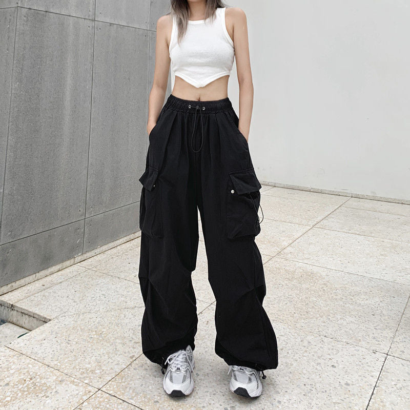 Women Y2K Cargo Pants Solid Low Waist Sweatpants Drawstring Wide Leg Baggy Trousers 2023 Summer Streetwear Punk Casual Tech Pant