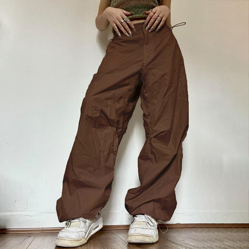 Women Y2K Cargo Pants Solid Low Waist Sweatpants Drawstring Wide Leg Baggy Trousers 2023 Summer Streetwear Punk Casual Tech Pant