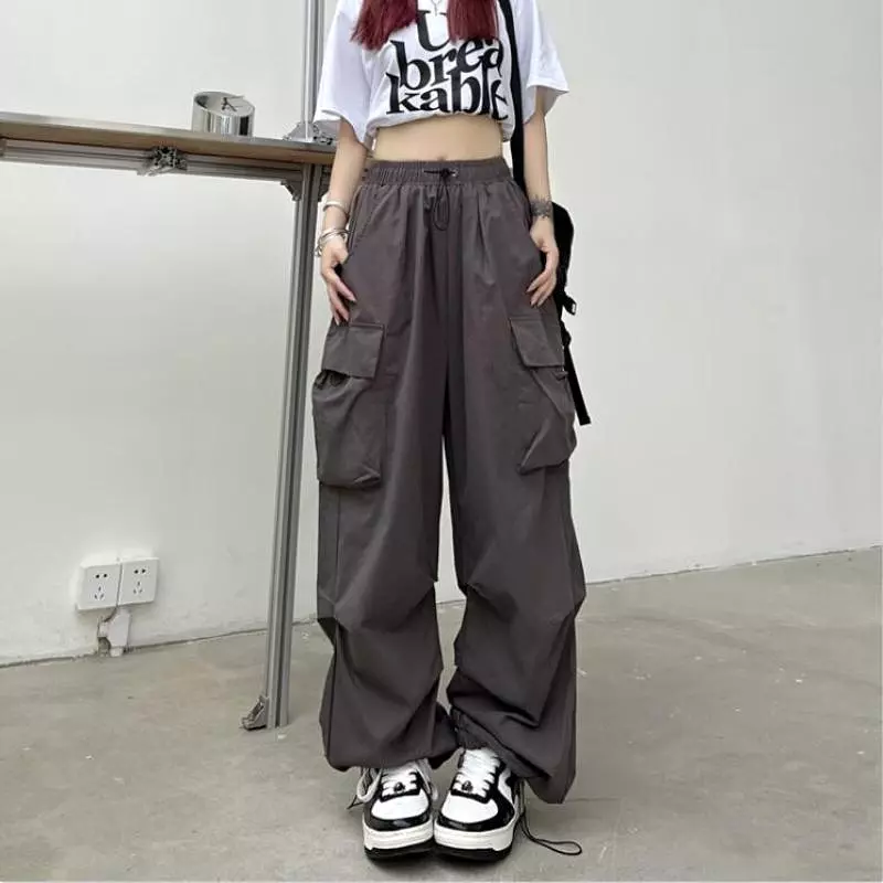 Women Y2K Cargo Pants Solid Low Waist Sweatpants Drawstring Wide Leg Baggy Trousers 2023 Summer Streetwear Punk Casual Tech Pant