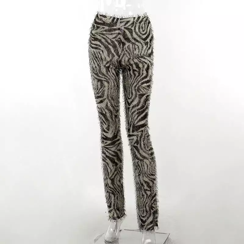 Zebra Striped Knitted Furry High Waist Pants for Women Bottoms Streetwear Fall Winter Fashion Sexy Trousers YJ22454MH